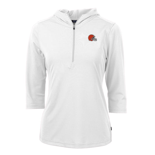 Women's Cutter & Buck White Cleveland Browns Virtue Eco Pique Half-Zip 3/4 Sleeve Pullover Hoodie