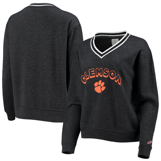 Women's League Collegiate Wear Heathered Black Clemson Tigers Victory Springs Tri-Blend V-Neck Pullover Sweatshirt