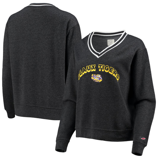 Women's League Collegiate Wear Heathered Black LSU Tigers Victory Springs Tri-Blend V-Neck Pullover Sweatshirt