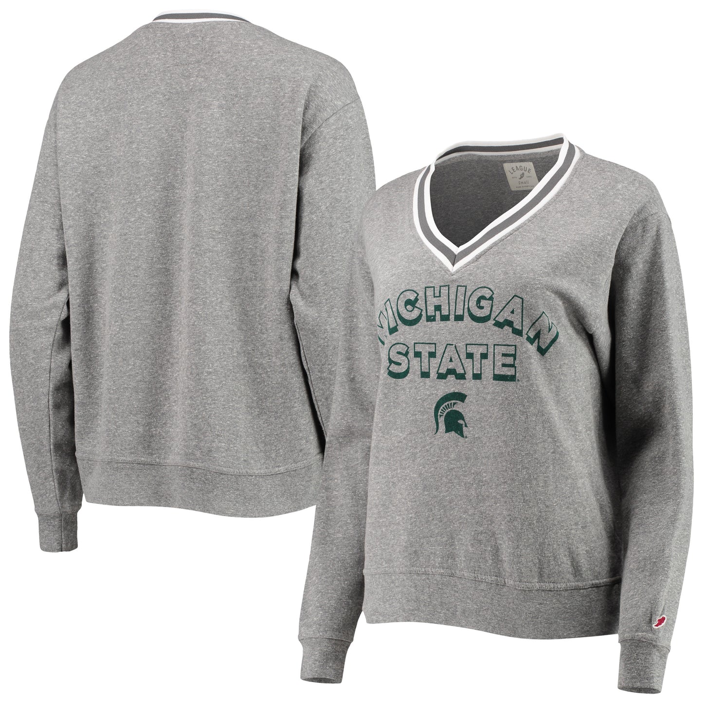 Women's League Collegiate Wear Heathered Gray Michigan State Spartans Victory Springs Tri-Blend V-Neck Pullover Sweatshirt