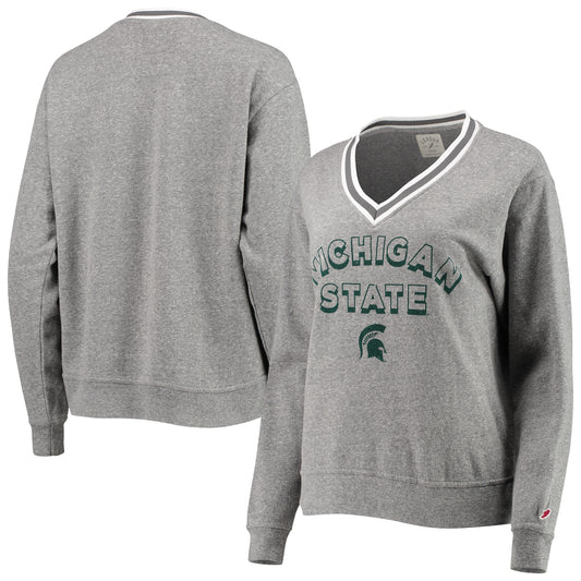 Women's League Collegiate Wear Heathered Gray Michigan State Spartans Victory Springs Tri-Blend V-Neck Pullover Sweatshirt