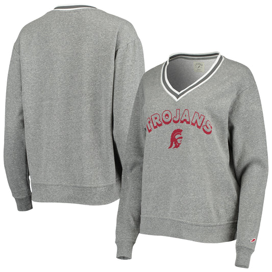 Women's League Collegiate Wear Heathered Gray USC Trojans Victory Springs Tri-Blend V-Neck Pullover Sweatshirt