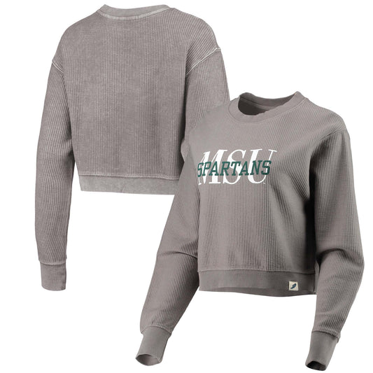 Women's League Collegiate Wear Brown Michigan State Spartans Classic Corded Timber Crop Pullover Sweatshirt