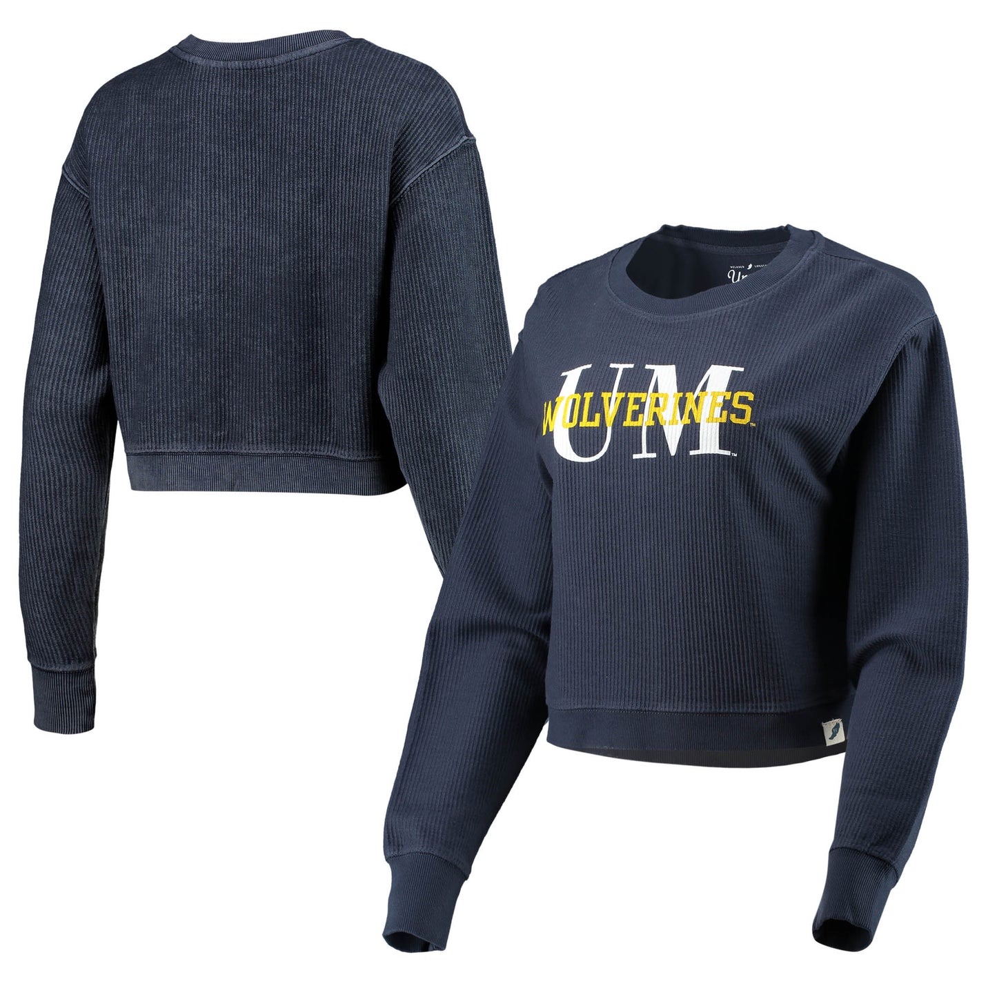 Women's League Collegiate Wear Navy Michigan Wolverines Classic Corded Timber Crop Pullover Sweatshirt