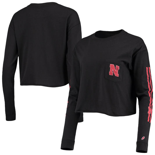 Women's League Collegiate Wear Black Nebraska Huskers Clothesline Cotton Midi Crop Long Sleeve T-Shirt