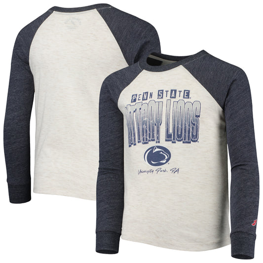 Youth League Collegiate Wear Heathered Navy Penn State Nittany Lions Baseball Tri-Blend Raglan Long Sleeve T-Shirt