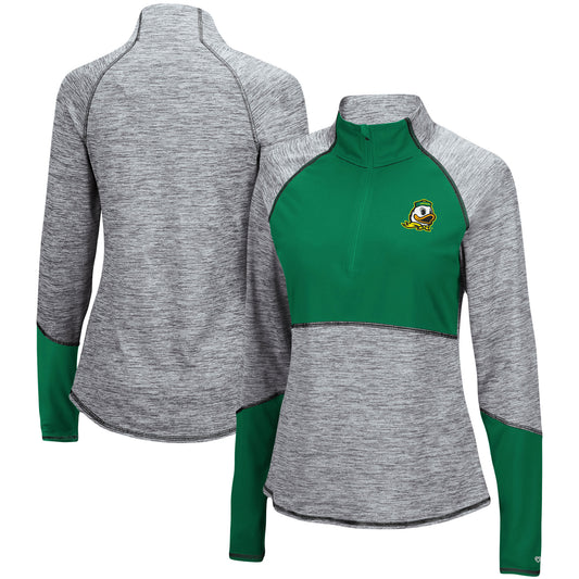 Women's Colosseum Heathered Gray/Green Oregon Ducks Color Block Space-Dye Raglan Quarter-Zip Top