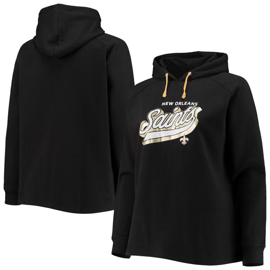 Women's Fanatics Black New Orleans Saints Plus Size First Contact Raglan Pullover Hoodie