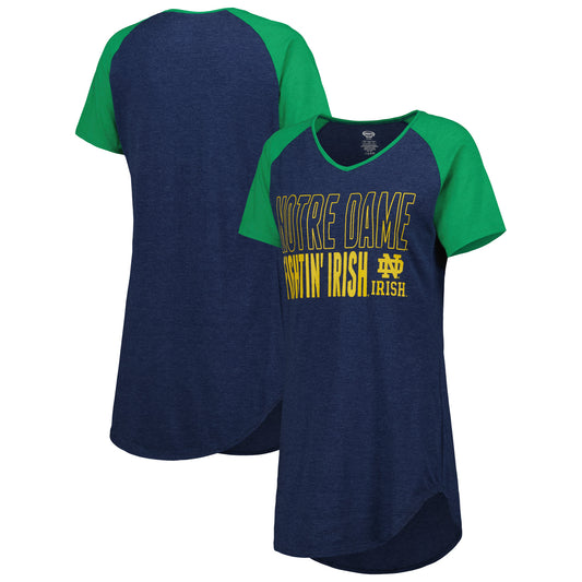 Women's Concepts Sport Heather Navy/Green Notre Dame Fighting Irish Raglan V-Neck Nightshirt