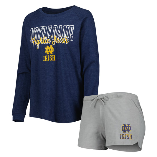 Women's Concepts Sport Navy/Gray Notre Dame Fighting Irish Raglan Long Sleeve T-Shirt & Shorts Sleep Set