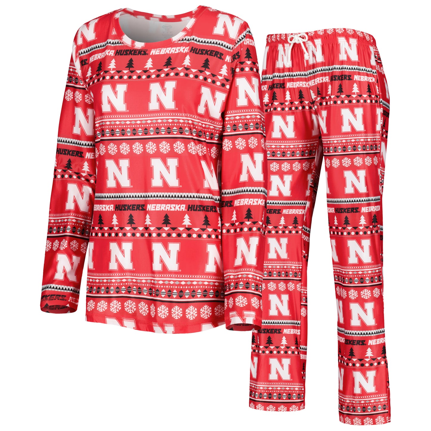 Women's Concepts Sport Scarlet Nebraska Huskers Holiday Long Sleeve T-Shirt and Pants Sleep Set