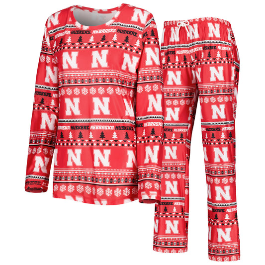 Women's Concepts Sport Scarlet Nebraska Huskers Holiday Long Sleeve T-Shirt and Pants Sleep Set