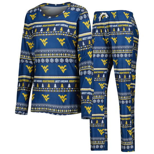 Women's Concepts Sport Navy West Virginia Mountaineers Holiday Long Sleeve T-Shirt and Pants Sleep Set