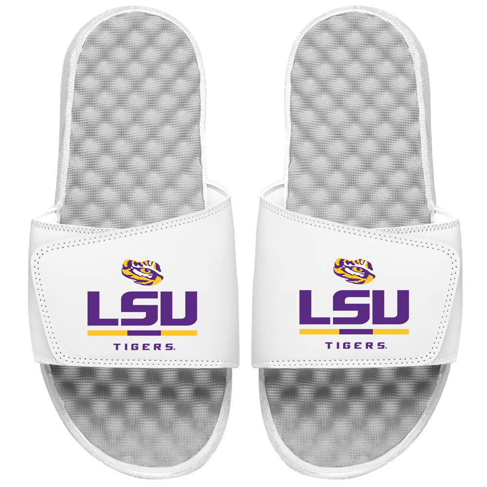 Men's ISlide White LSU Tigers Split Bar Slide Sandals