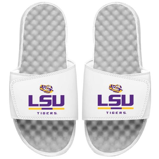 Men's ISlide White LSU Tigers Split Bar Slide Sandals