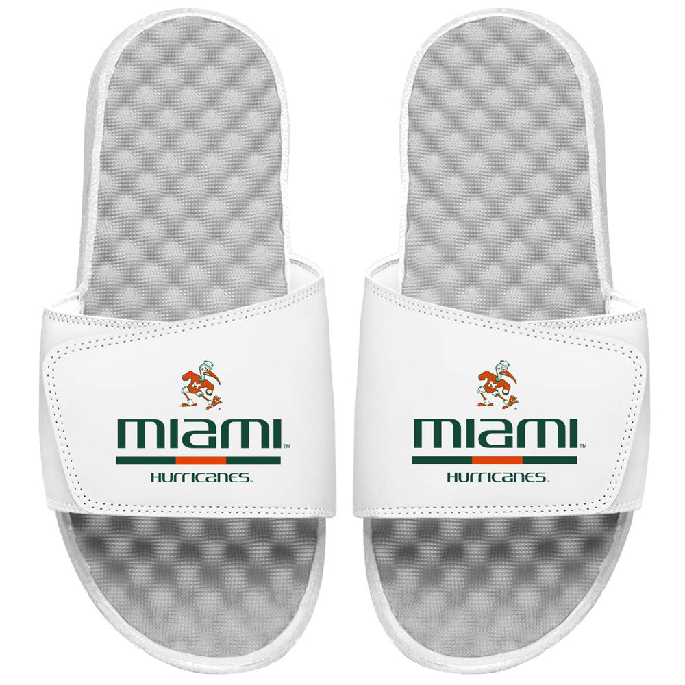 Men's ISlide White Miami Hurricanes Split Bar Slide Sandals