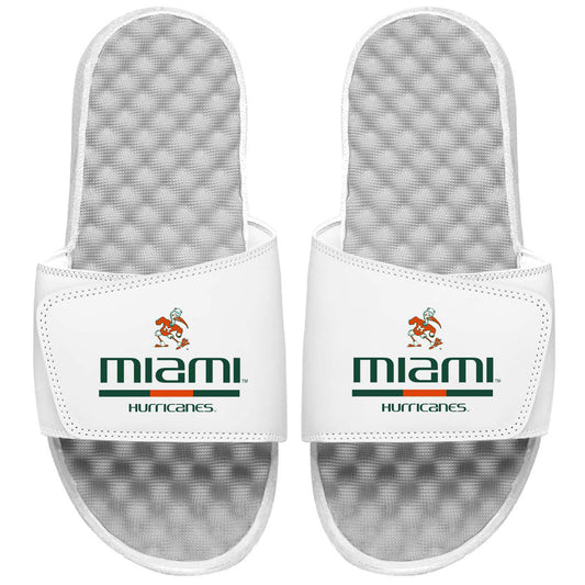 Men's ISlide White Miami Hurricanes Split Bar Slide Sandals