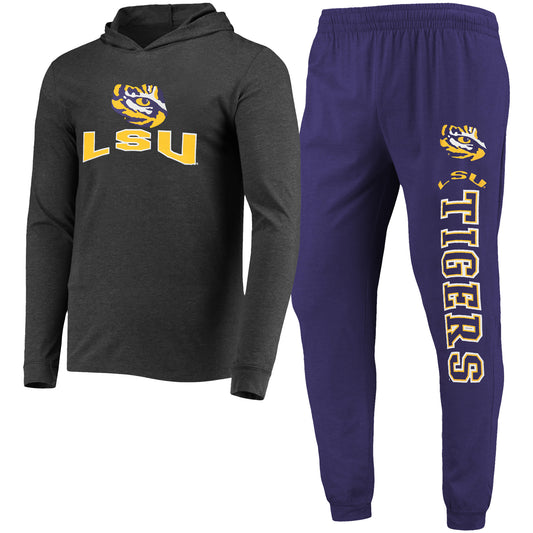 Men's Concepts Sport Purple/Heather Charcoal LSU Tigers Meter Long Sleeve Hoodie T-Shirt & Jogger Pajama Set