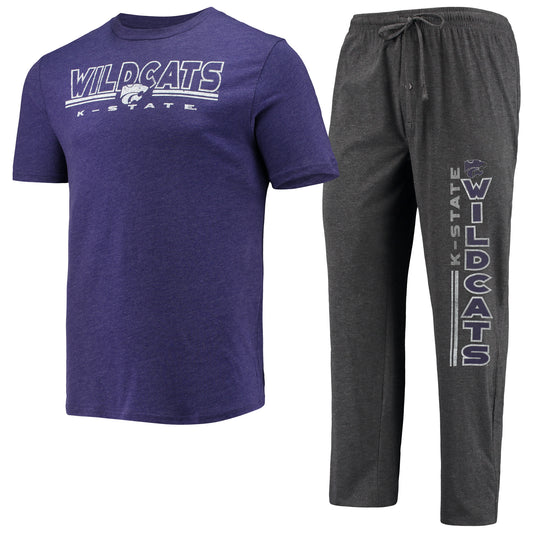 Men's Concepts Sport Heathered Charcoal/Purple Kansas State Wildcats Meter T-Shirt & Pants Sleep Set