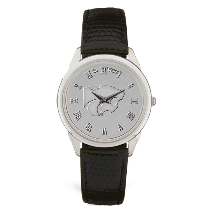 Men's Silver Kansas State Wildcats Medallion Black Leather Wristwatch