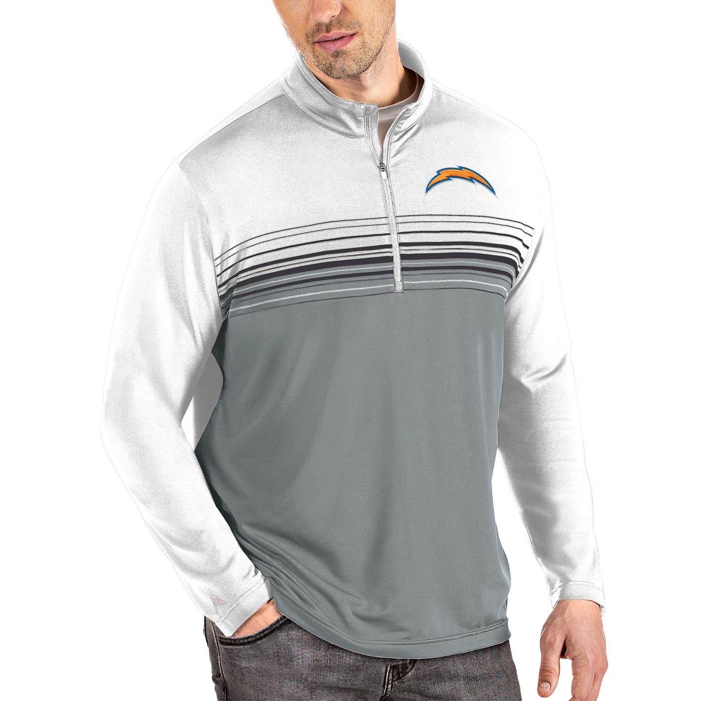 Men's Antigua White/Gray Los Angeles Chargers Pace Quarter-Zip Pullover Jacket