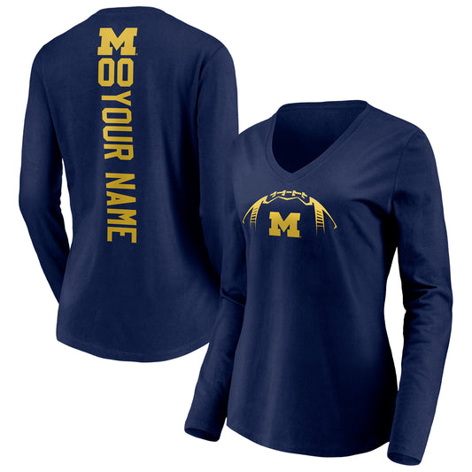 Women's Navy Michigan Wolverines Playmaker Football Personalized Name & Number Long Sleeve V-Neck T-Shirt