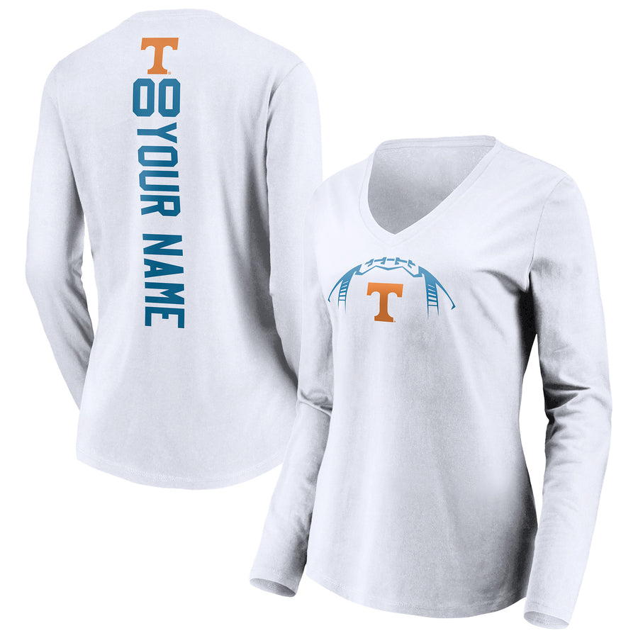 Women's White Tennessee Volunteers Playmaker Football Personalized Name & Number Long Sleeve V-Neck T-Shirt