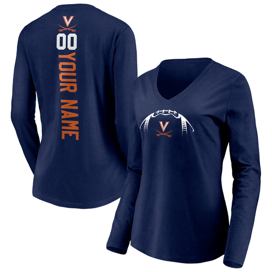 Women's Navy Virginia Cavaliers Playmaker Football Personalized Name & Number Long Sleeve V-Neck T-Shirt