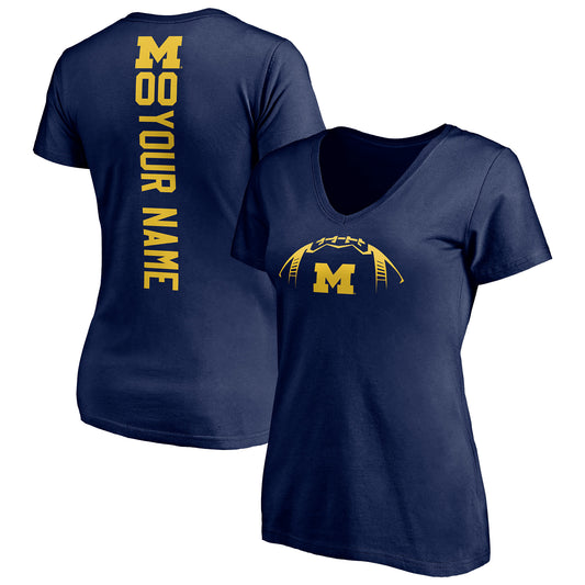 Women's Navy Michigan Wolverines Playmaker Football Personalized Name & Number V-Neck T-Shirt