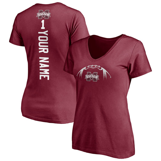 Women's Maroon Mississippi State Bulldogs Playmaker Football Personalized Name V-Neck T-Shirt