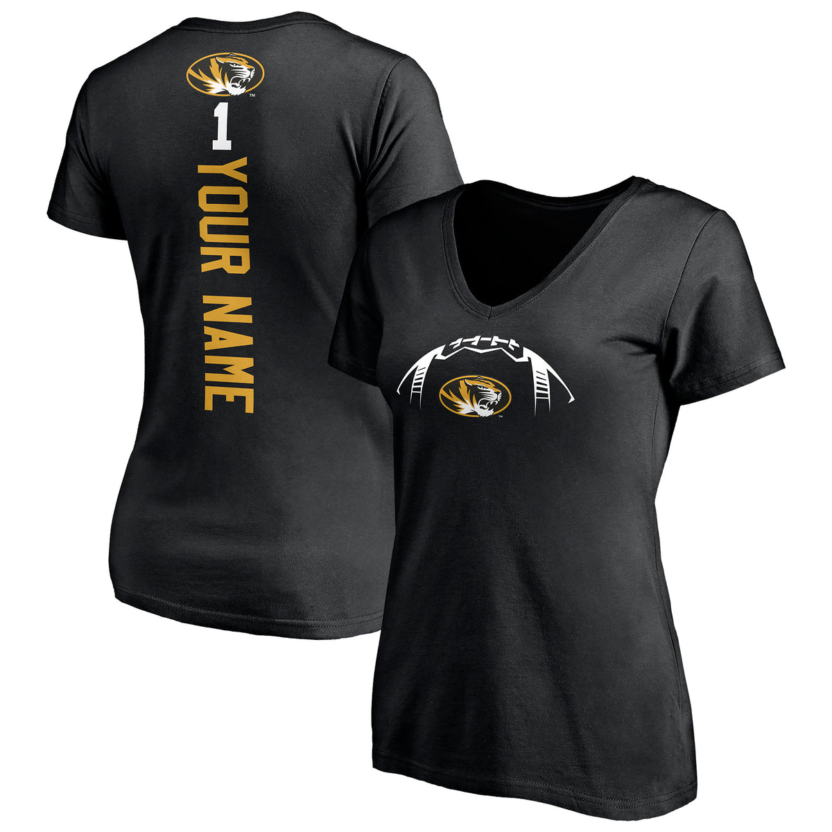 Women's Black Missouri Tigers Playmaker Football Personalized Name V-Neck T-Shirt
