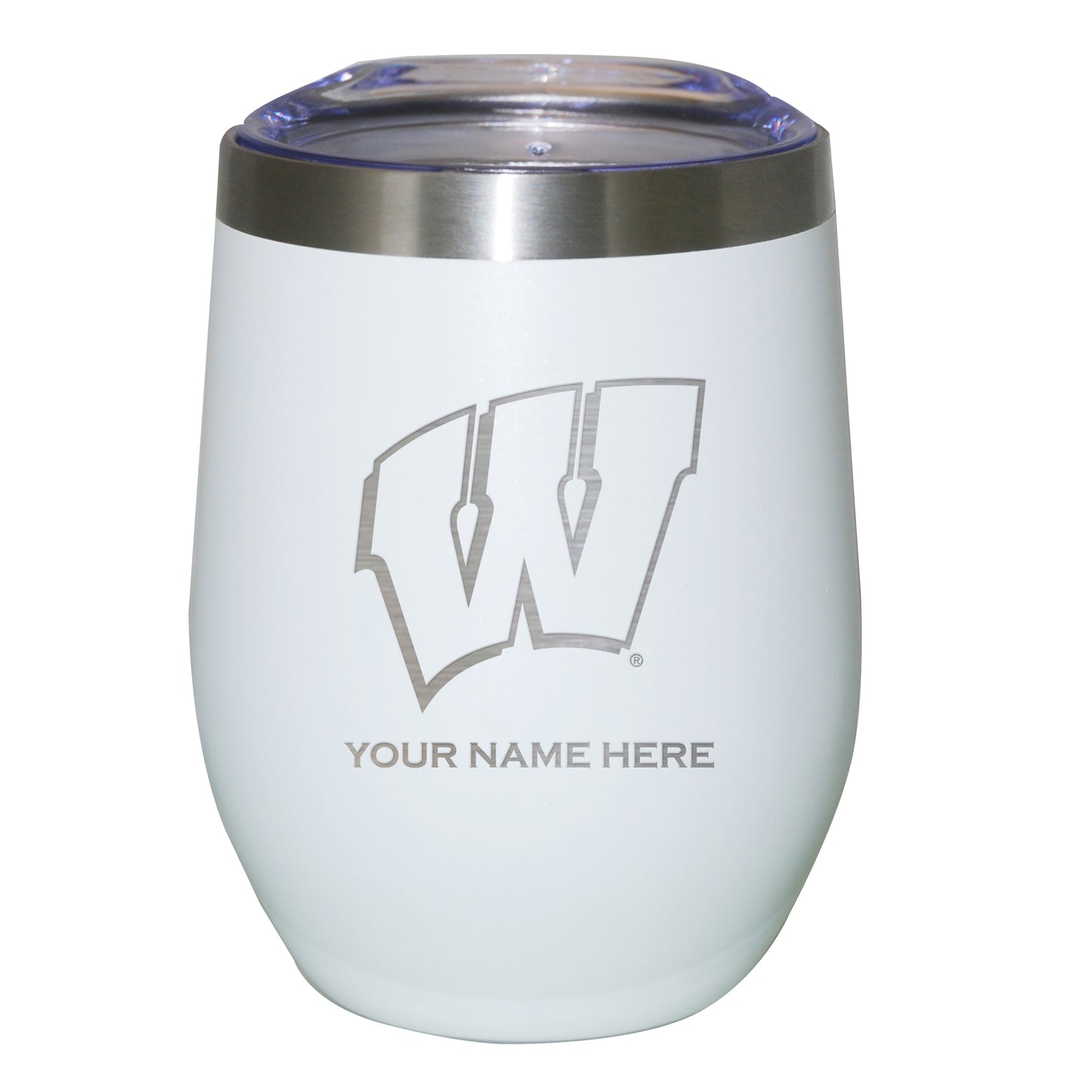 White Wisconsin Badgers 12oz. Personalized Etched Stemless Tumbler