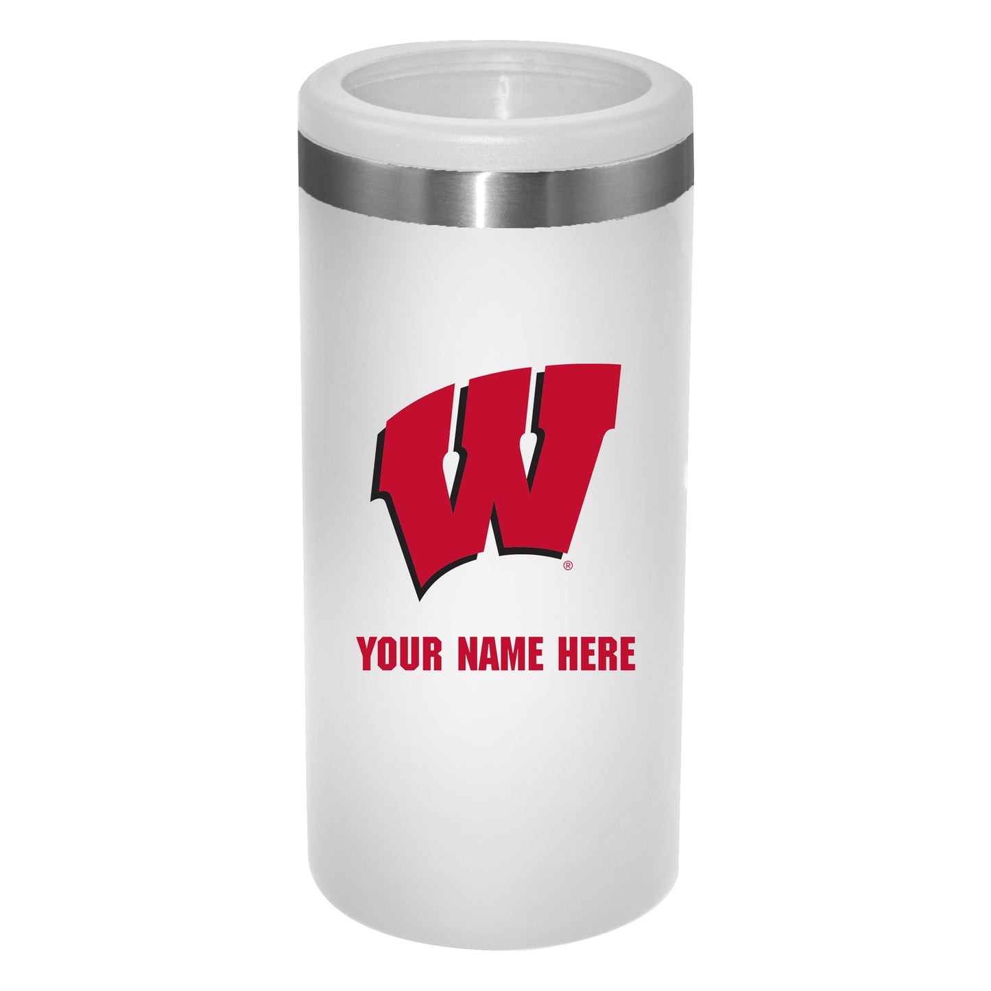 White Wisconsin Badgers 12oz. Personalized Slim Can Holder