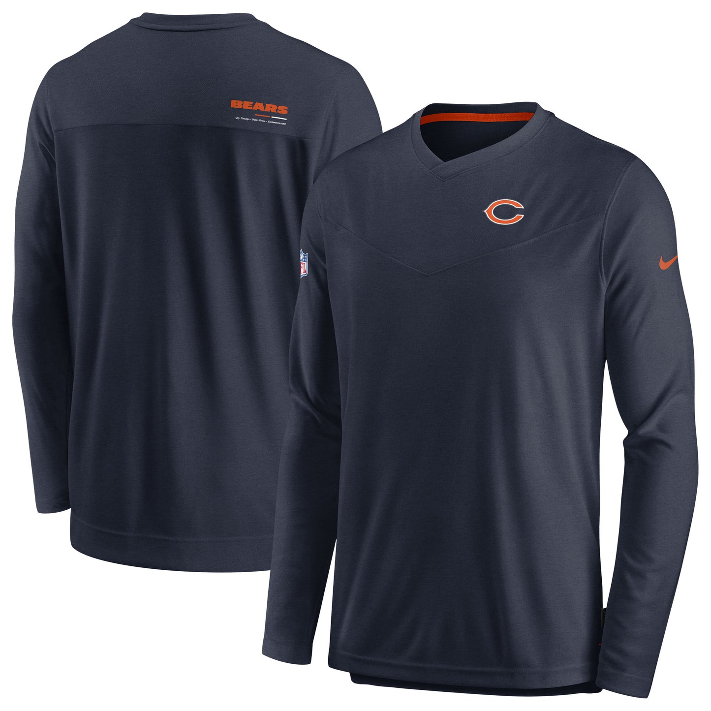 Men's Nike Navy Chicago Bears Sideline Coach Chevron Lock Up Long Sleeve V-Neck Performance T-Shirt