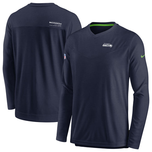 Men's Nike Navy Seattle Seahawks Sideline Coach Chevron Lock Up Long Sleeve V-Neck Performance T-Shirt