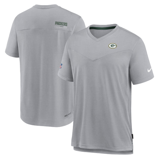 Men's Nike Gray Green Bay Packers Sideline Coach Chevron Lock Up Logo V-Neck Performance T-Shirt