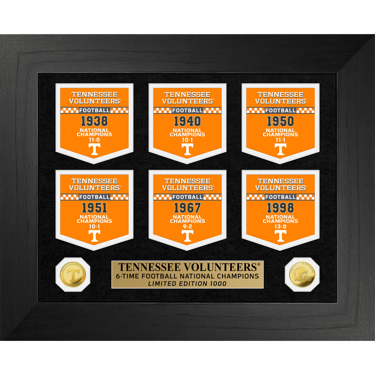 Highland Mint Tennessee Volunteers 6-Time Football National Champions 12'' x 15'' Gold Deluxe Banner Collection Frame