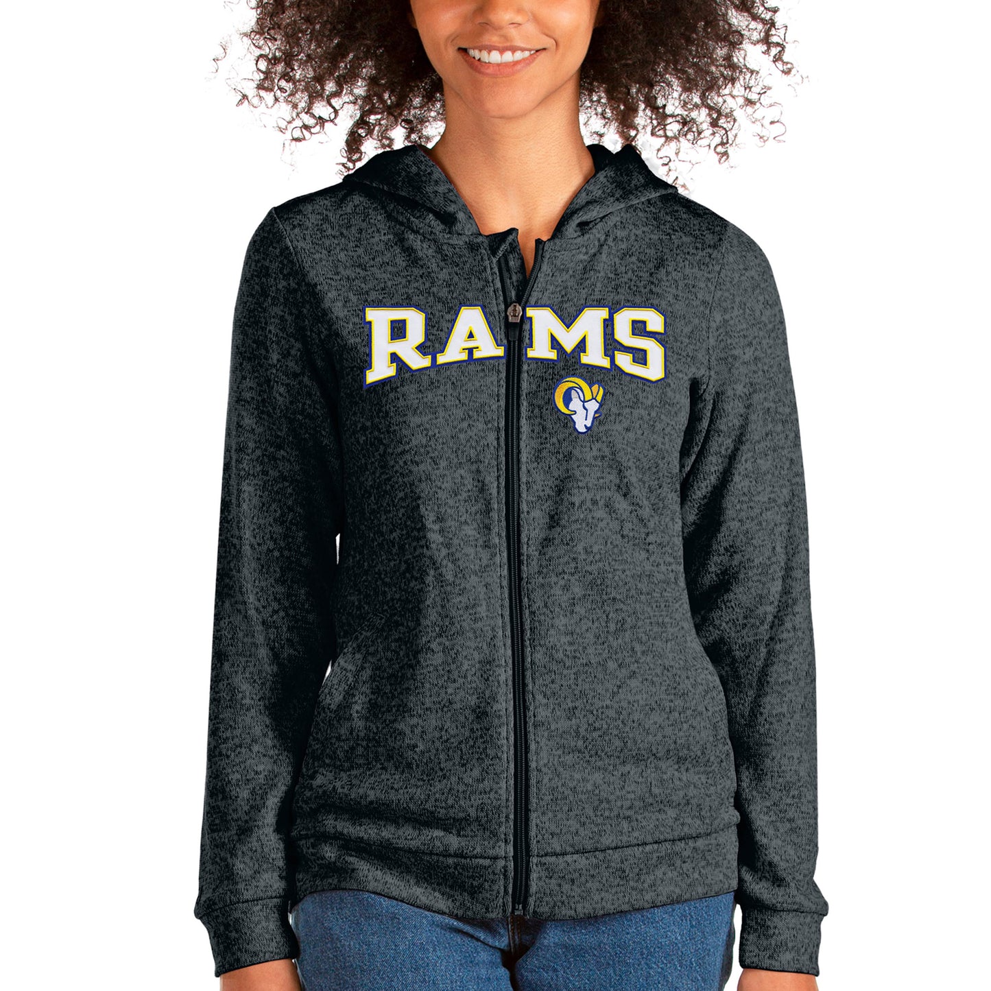 Women's Antigua Heathered Charcoal Los Angeles Rams Wordmark Absolute Full-Zip Hoodie