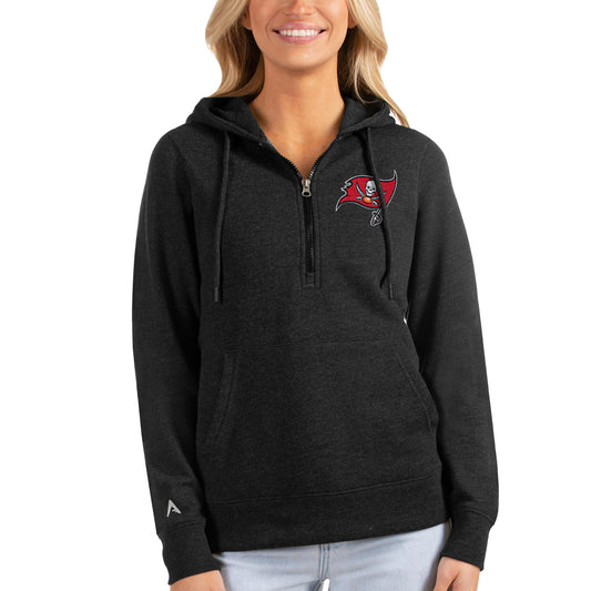 Women's Antigua Heathered Black Tampa Bay Buccaneers Action Half-Zip Hoodie