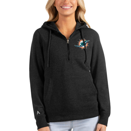 Women's Antigua Heathered Black Miami Dolphins Action Half-Zip Hoodie