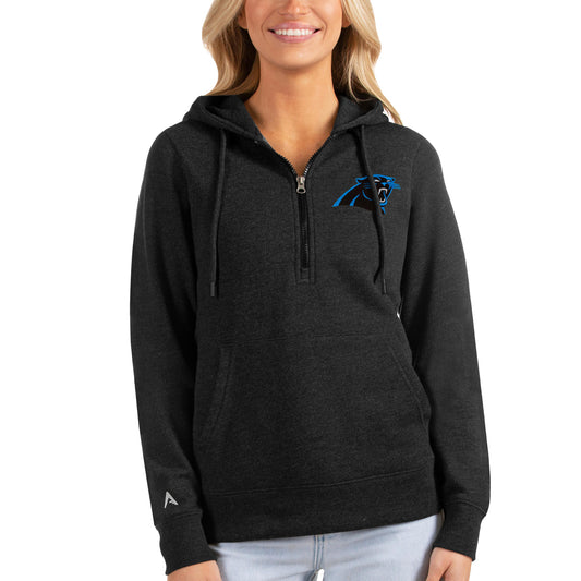 Women's Antigua Heathered Black Carolina Panthers Action Half-Zip Hoodie