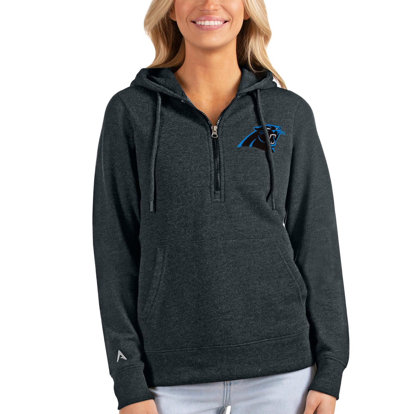 Women's Antigua Heathered Charcoal Carolina Panthers Action Half-Zip Hoodie