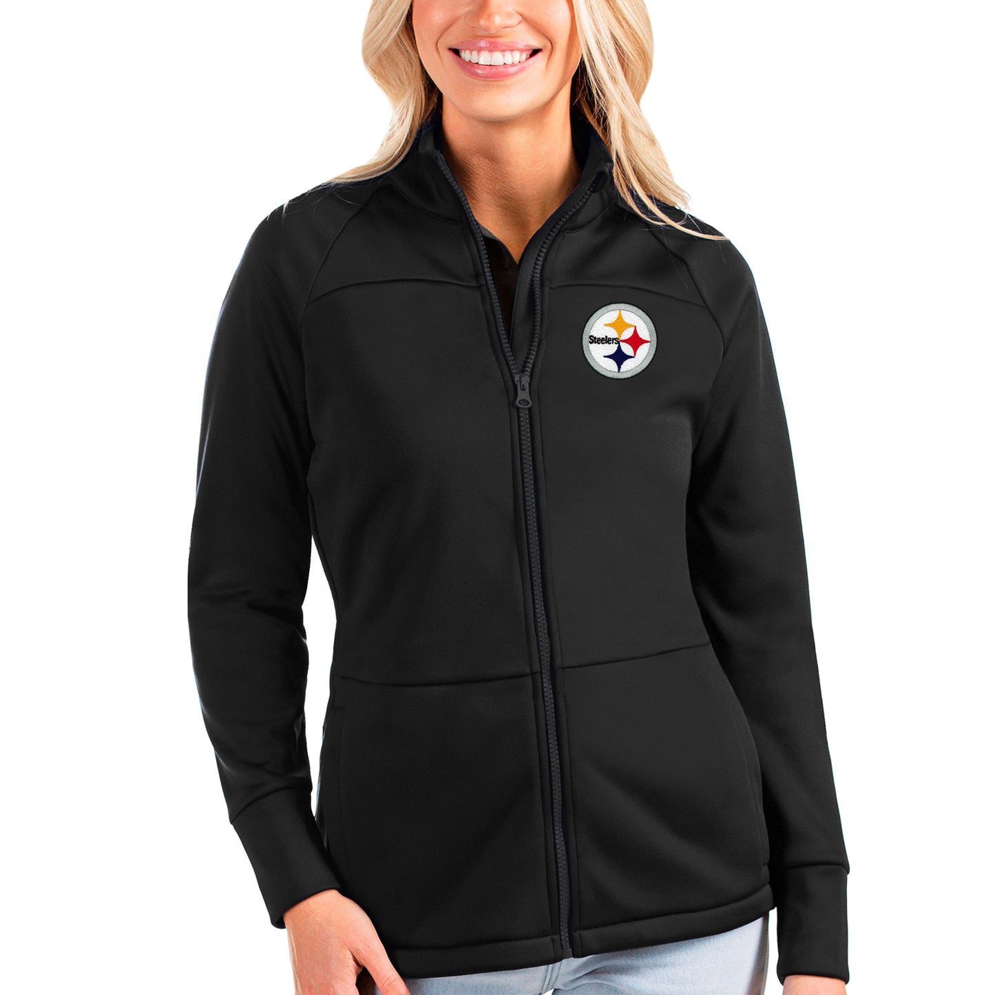 Women's Antigua Black Pittsburgh Steelers Links Full-Zip Golf Jacket