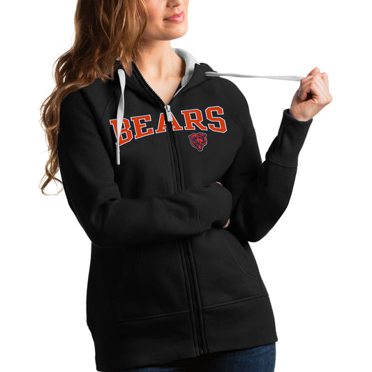 Women's Antigua Black Chicago Bears Wordmark Victory Full-Zip Hoodie