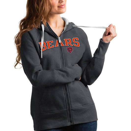 Women's Antigua Charcoal Chicago Bears Wordmark Victory Full-Zip Hoodie