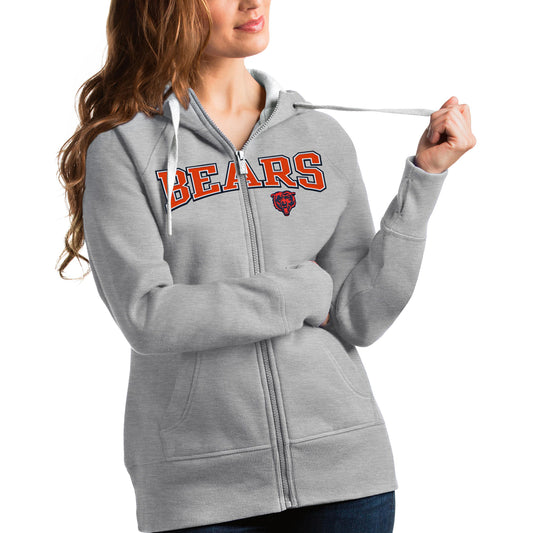 Women's Antigua Heathered Gray Chicago Bears Wordmark Victory Full-Zip Hoodie
