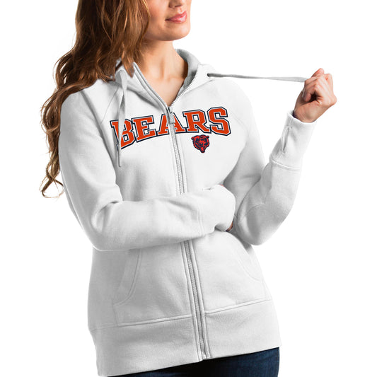 Women's Antigua White Chicago Bears Wordmark Victory Full-Zip Hoodie