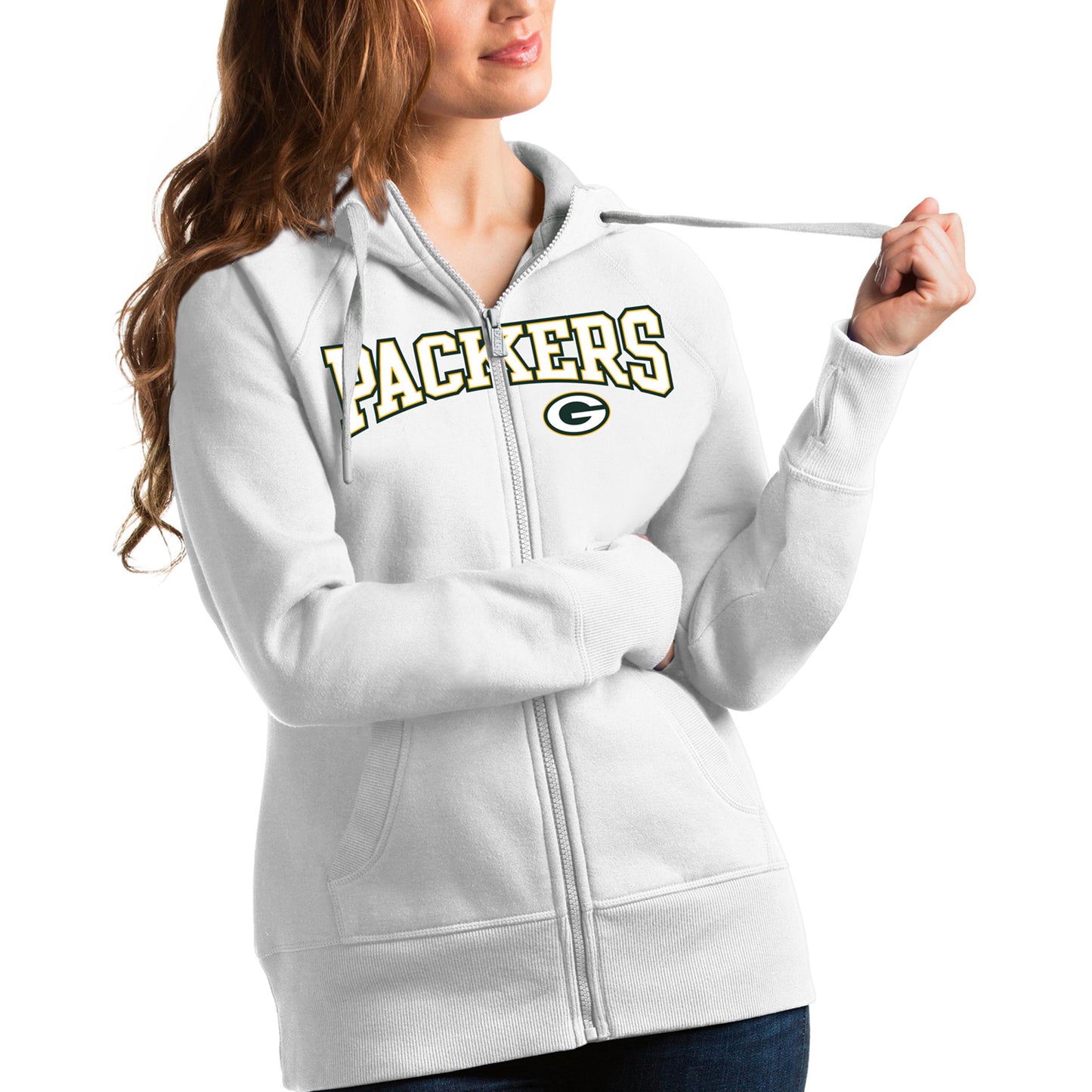 Women's Antigua White Green Bay Packers Wordmark Victory Full-Zip Hoodie