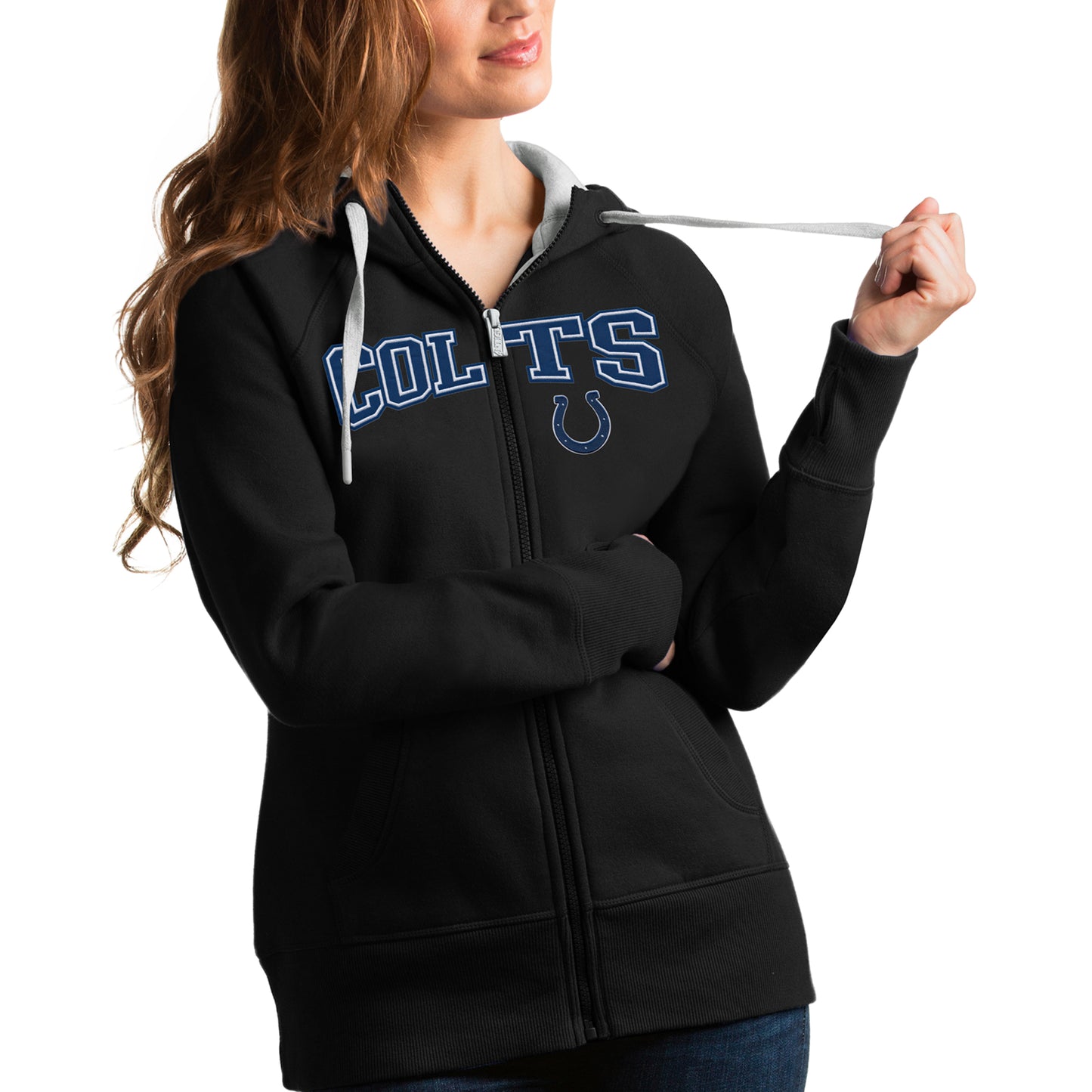 Women's Antigua Black Indianapolis Colts Wordmark Victory Full-Zip Hoodie