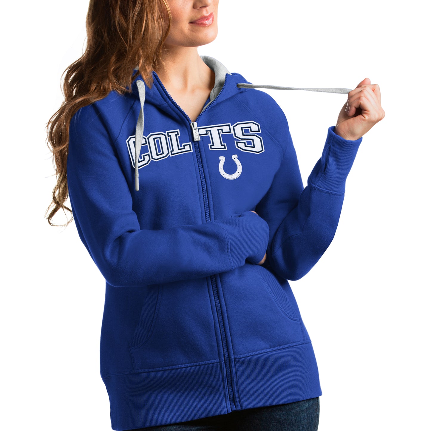 Women's Antigua Royal Indianapolis Colts Wordmark Victory Full-Zip Hoodie